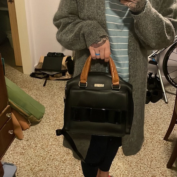 KATE SPADE Bow Bridge Kennedy Black & Tan Ostrich Leather Handbag - Picture 11 of 12